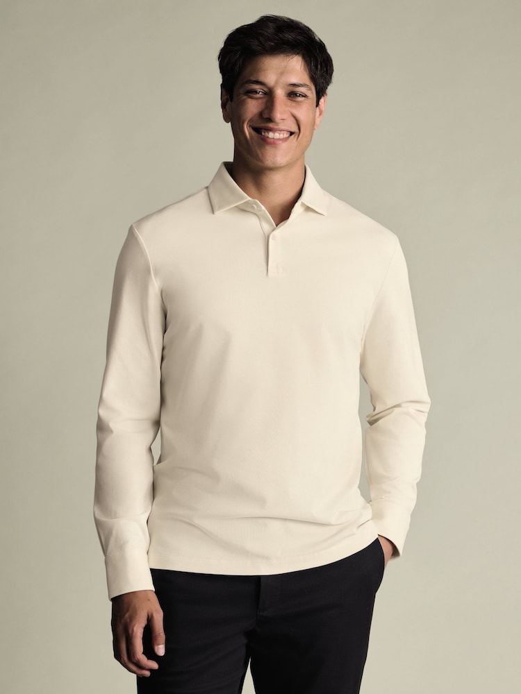 Charles Tyrwhitt Natural Long Sleeve Smart Pique Polo Shirt - Image 1 of 5 Charles Tyrwhitt Natural Long Sleeve Smart Pique Polo Shirt - Image 1 of 5
