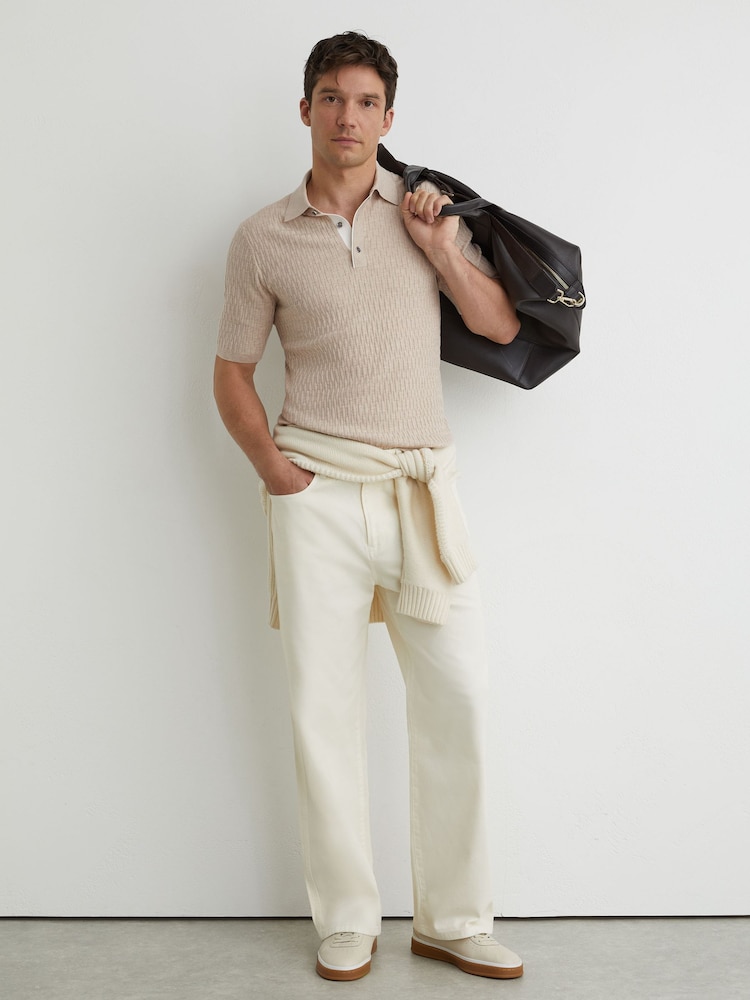 Reiss Oatmeal Brown Era Textured-Knit Half-Button Polo Shirt - Image 1 of 6 Reiss Oatmeal Brown Era Textured-Knit Half-Button Polo Shirt - Image 1 of 6