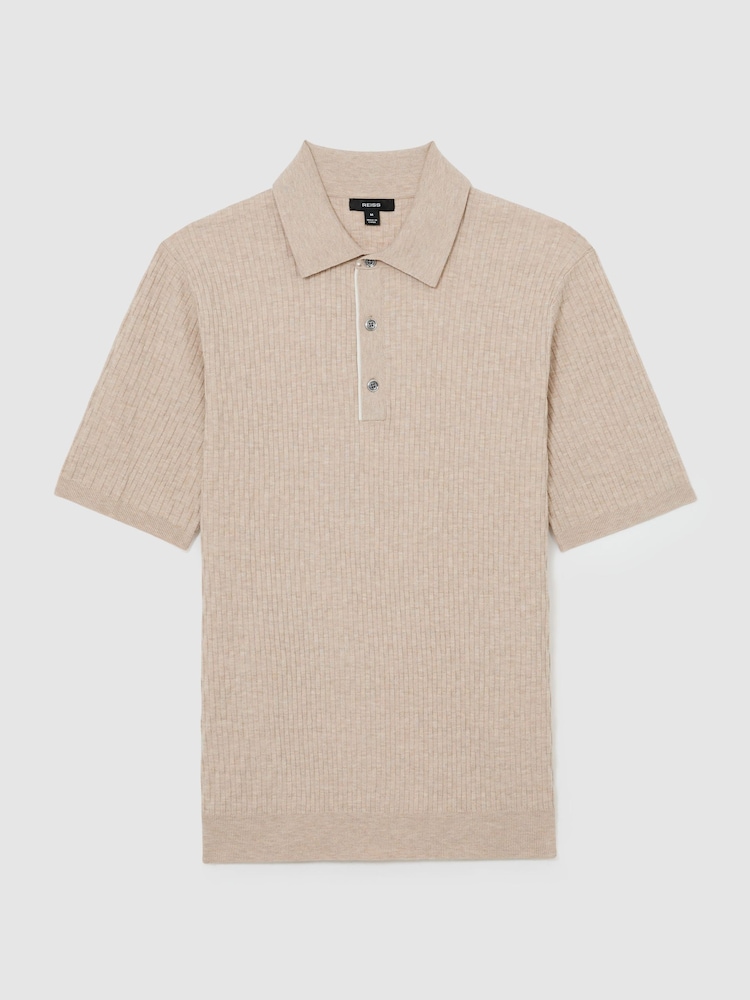 Reiss Oatmeal Brown Era Textured-Knit Half-Button Polo Shirt - Image 2 of 6 Reiss Oatmeal Brown Era Textured-Knit Half-Button Polo Shirt - Image 2 of 6