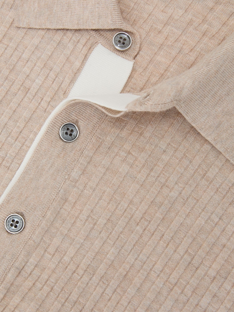 Reiss Oatmeal Brown Era Textured-Knit Half-Button Polo Shirt - Image 6 of 6 Reiss Oatmeal Brown Era Textured-Knit Half-Button Polo Shirt - Image 6 of 6