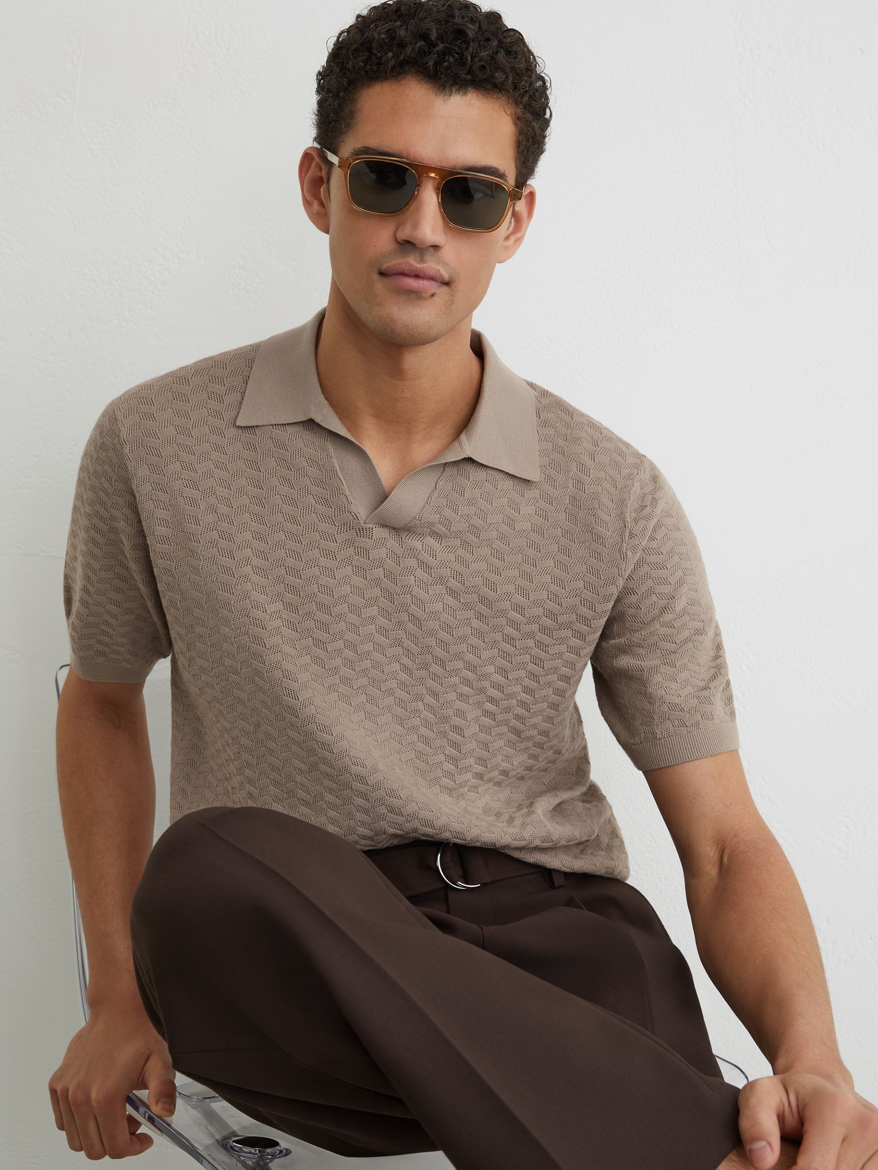 Buy Reiss Taupe Brown Sol Textured-Knit Open-Collar Polo Shirt