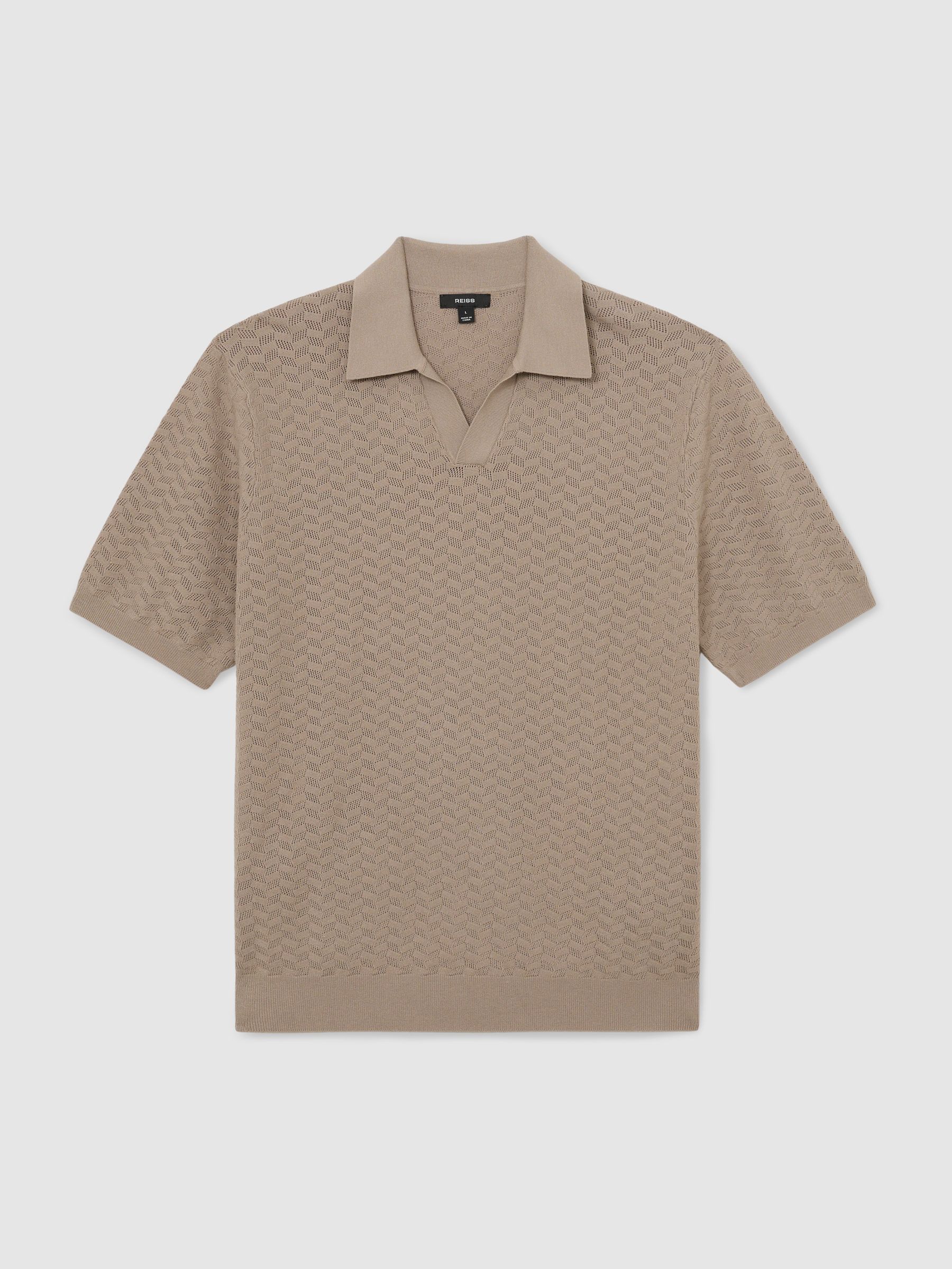 Buy Reiss Taupe Brown Sol Textured-Knit Open-Collar Polo Shirt