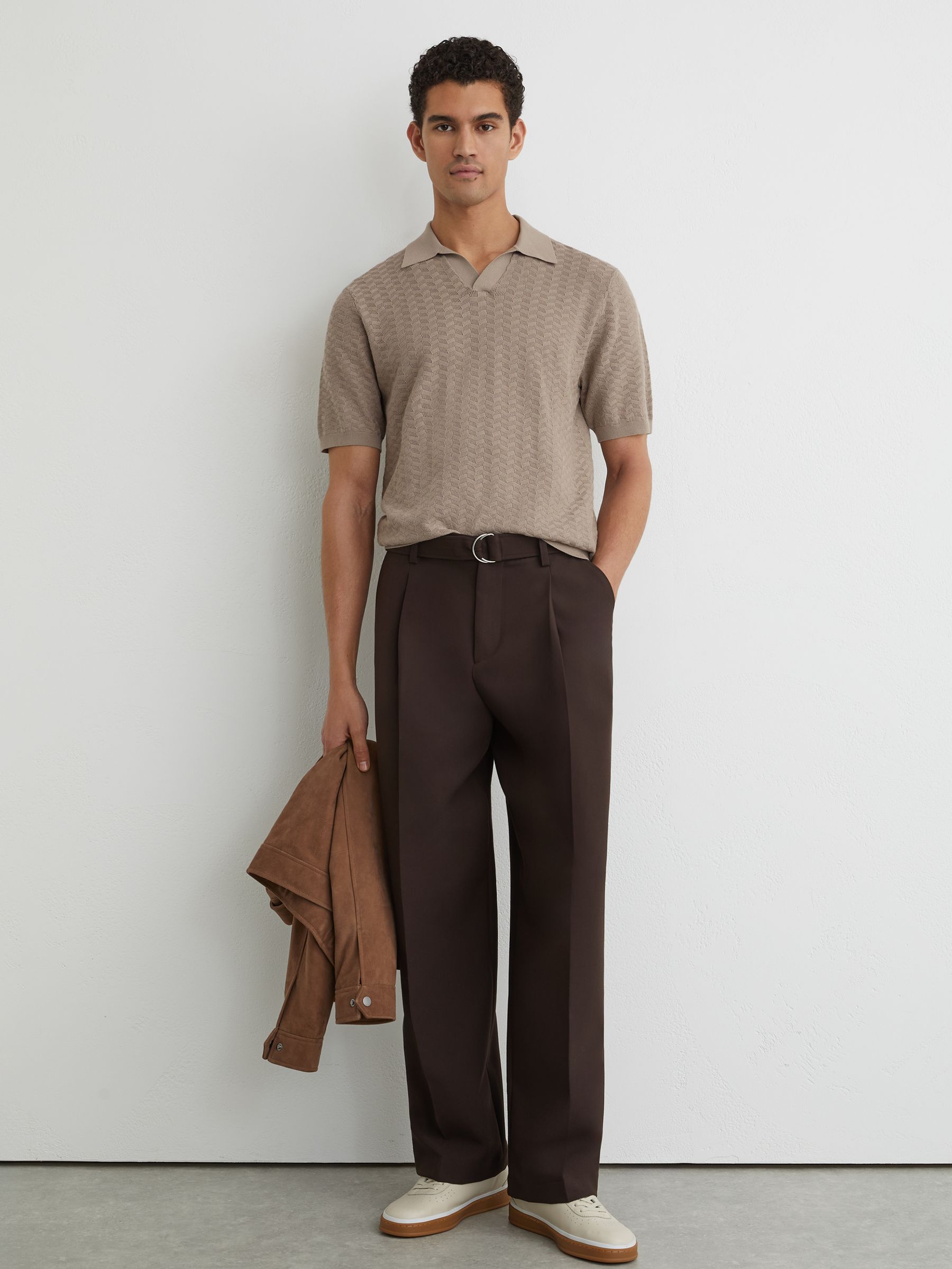 Buy Reiss Taupe Brown Sol Textured-Knit Open-Collar Polo Shirt
