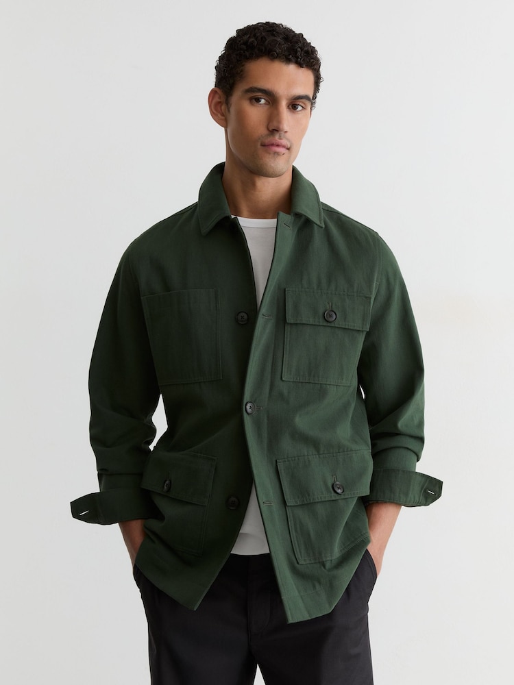 Reiss Forest Green Planner Cotton-Canvas Four-Pocket Chore Jacket - Image 1 of 6