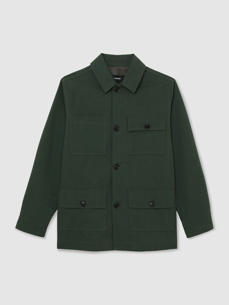 Reiss Forest Green Planner Cotton-Canvas Four-Pocket Chore Jacket - Image 2 of 6