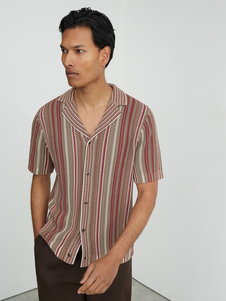 Reiss Red/Camel Caden Textured-Knit Stripe Cuban-Collar Shirt - Image 1 of 6 Reiss Red/Camel Caden Textured-Knit Stripe Cuban-Collar Shirt - Image 1 of 6