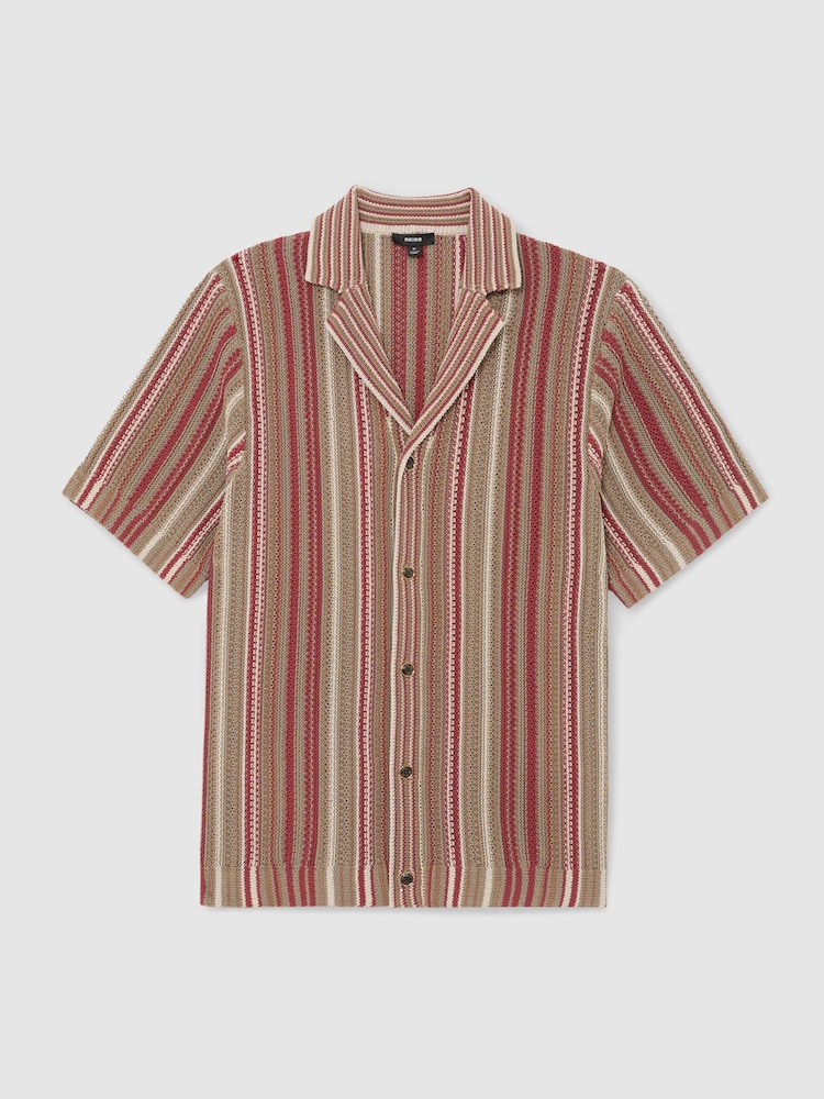 Reiss Red/Camel Caden Textured-Knit Stripe Cuban-Collar Shirt - Image 2 of 6 Reiss Red/Camel Caden Textured-Knit Stripe Cuban-Collar Shirt - Image 2 of 6