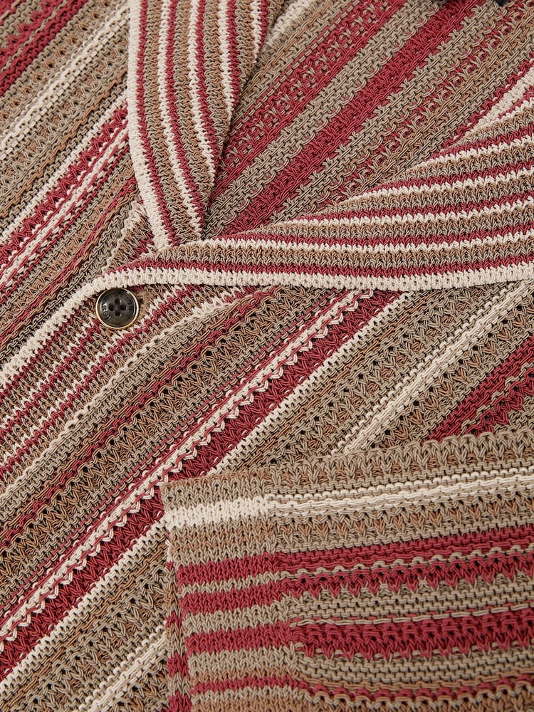 Reiss Red/Camel Caden Textured-Knit Stripe Cuban-Collar Shirt - Image 6 of 6 Reiss Red/Camel Caden Textured-Knit Stripe Cuban-Collar Shirt - Image 6 of 6