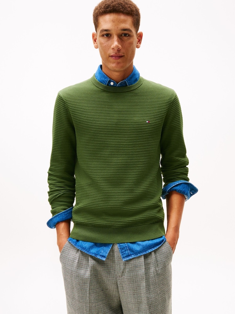 Tommy Hilfiger Green Textured Knit Crew Neck Jumper - Image 1 of 5 Tommy Hilfiger Green Textured Knit Crew Neck Jumper - Image 1 of 5