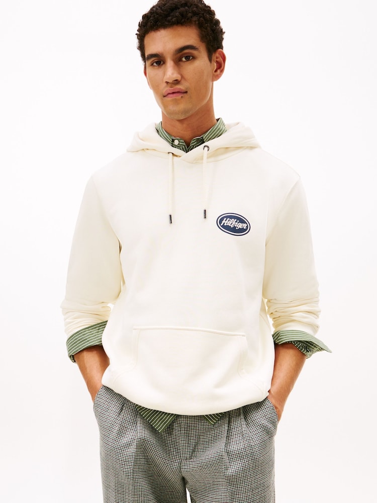 Tommy Hilfiger Cream Back Graphic Drawstring Hoodie - Image 1 of 5 Tommy Hilfiger Cream Back Graphic Drawstring Hoodie - Image 1 of 5