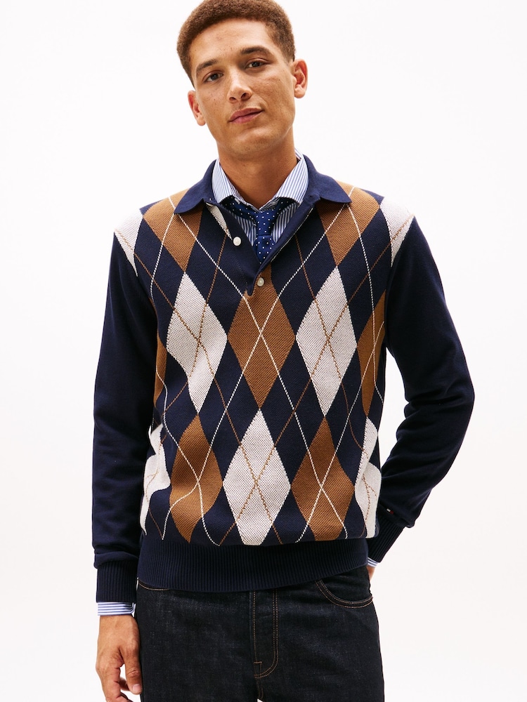 Tommy Hilfiger Blue Argyle Rugby Collar Jumper - Image 1 of 5