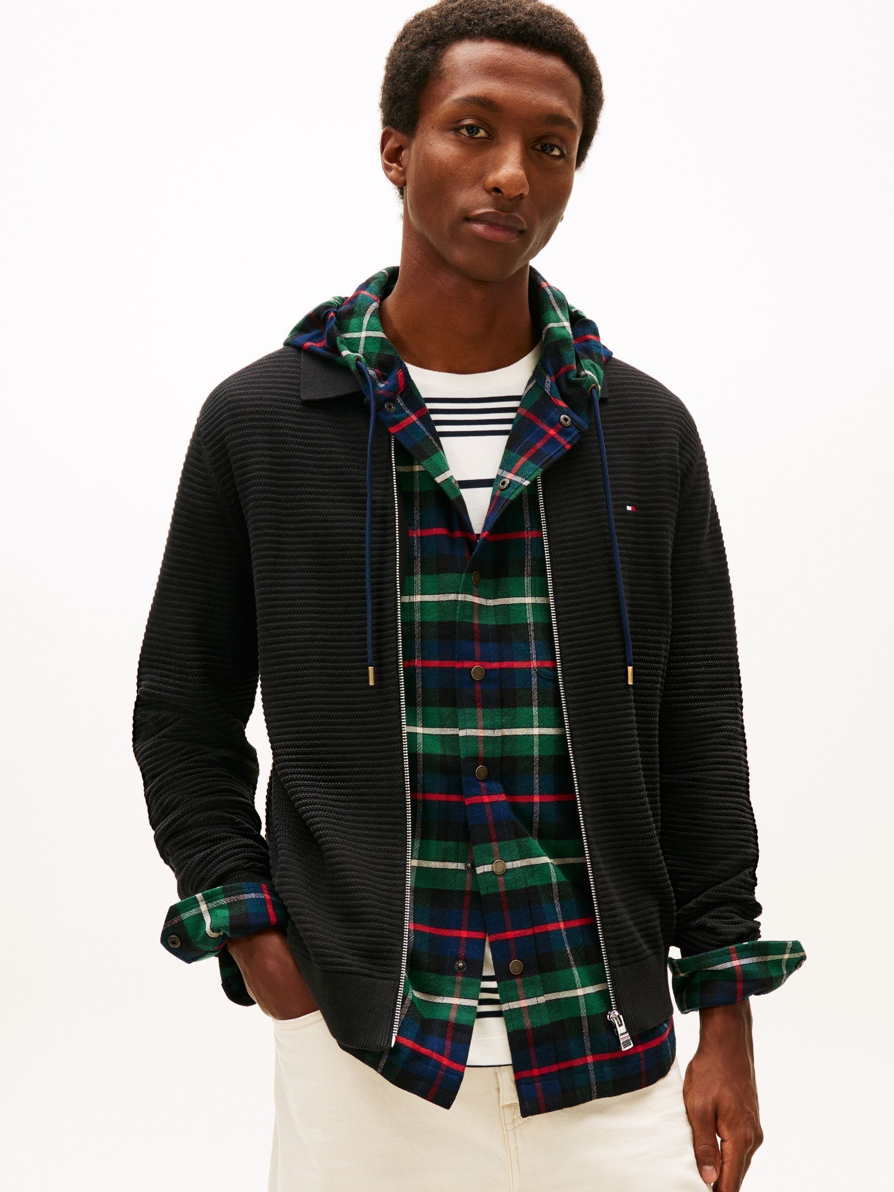 Buy Tommy Hilfiger Black Textured Knit Zip Through Polo Cardigan