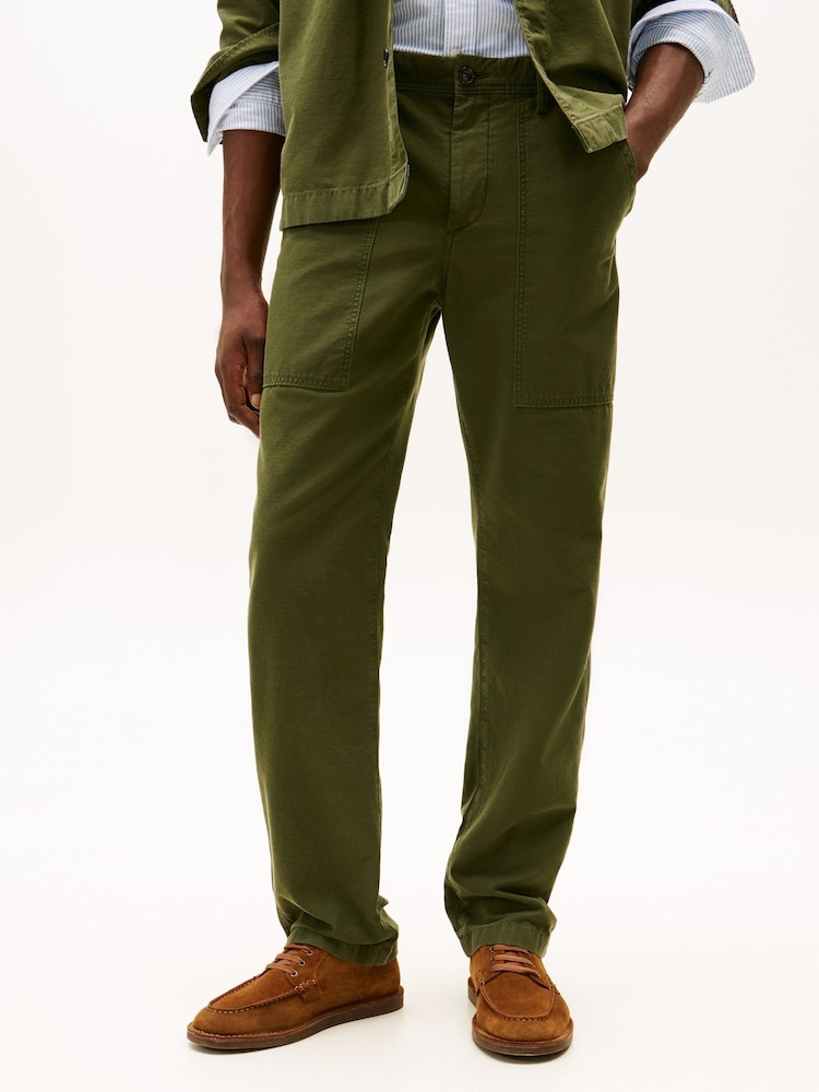 Tommy Hilfiger Green Washed Textured Sateen Utility Trousers - Image 1 of 4 Tommy Hilfiger Green Washed Textured Sateen Utility Trousers - Image 1 of 4
