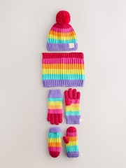 Little Bird by Jools Oliver Multi Pastel Rainbow Stripe Knitted Hat With Mittens/Gloves and Snood Set - Image 4 of 5