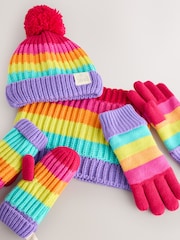 Little Bird by Jools Oliver Multi Pastel Rainbow Stripe Knitted Hat With Mittens/Gloves and Snood Set - Image 5 of 5