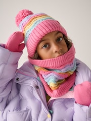 Little Bird by Jools Oliver Pink Pastel Rainbow Stripe Knitted Hat With Mittens/Gloves and Snood Set - Image 2 of 7