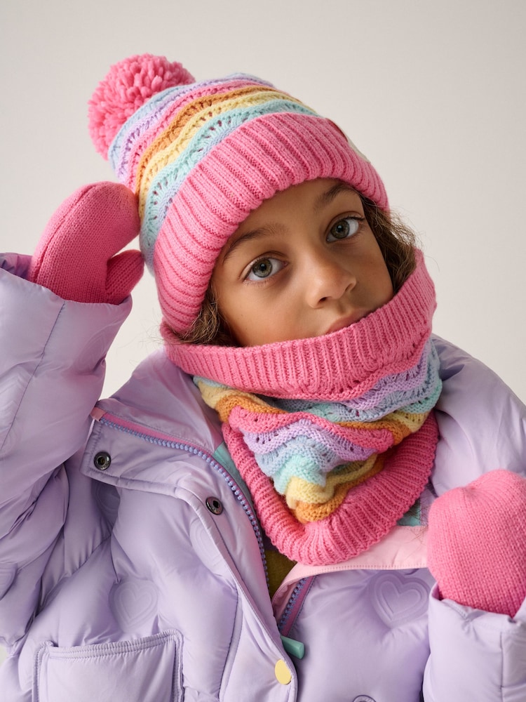 Little Bird by Jools Oliver Pink Pastel Rainbow Stripe Knitted Hat With Mittens/Gloves and Snood Set - Image 2 of 7