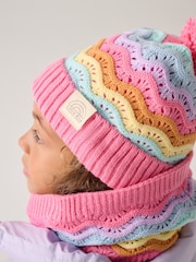 Little Bird by Jools Oliver Pink Pastel Rainbow Stripe Knitted Hat With Mittens/Gloves and Snood Set - Image 3 of 7