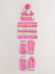 Little Bird by Jools Oliver Pink Pastel Rainbow Stripe Knitted Hat With Mittens/Gloves and Snood Set - Image 4 of 7