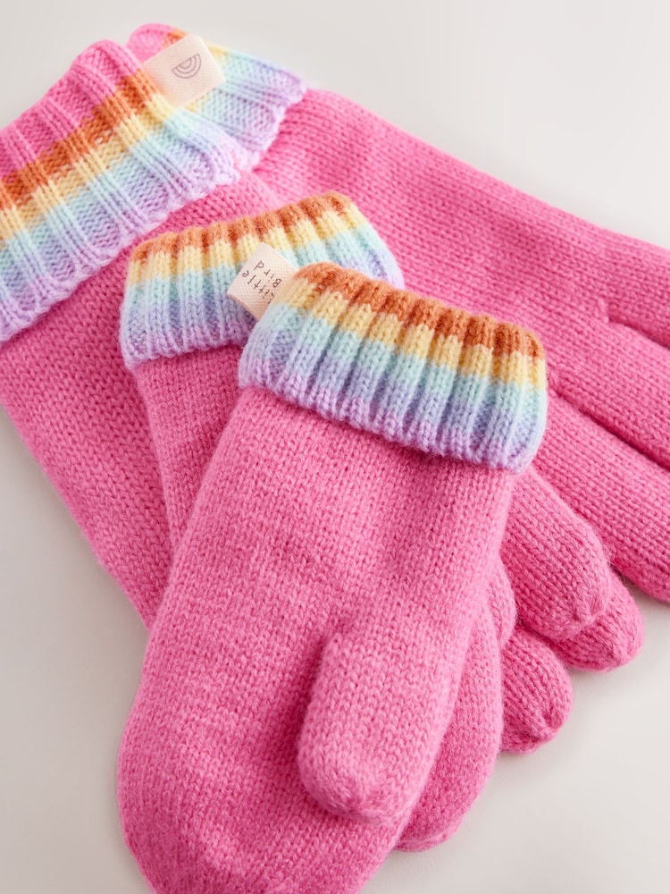 Little Bird by Jools Oliver Pink Pastel Rainbow Stripe Knitted Hat With Mittens/Gloves and Snood Set - Image 7 of 7