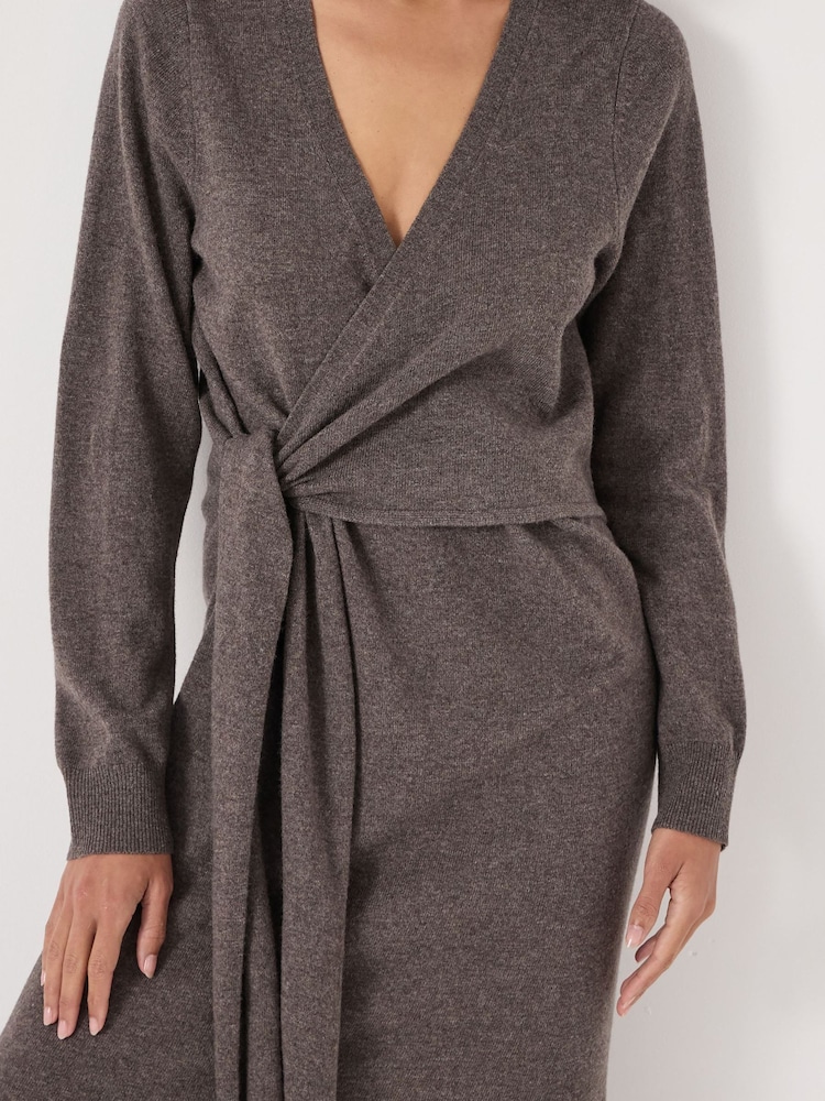 Hush Brown Merino V-Neck Tie Detail Dress - Image 4 of 4 Hush Brown Merino V-Neck Tie Detail Dress - Image 4 of 4