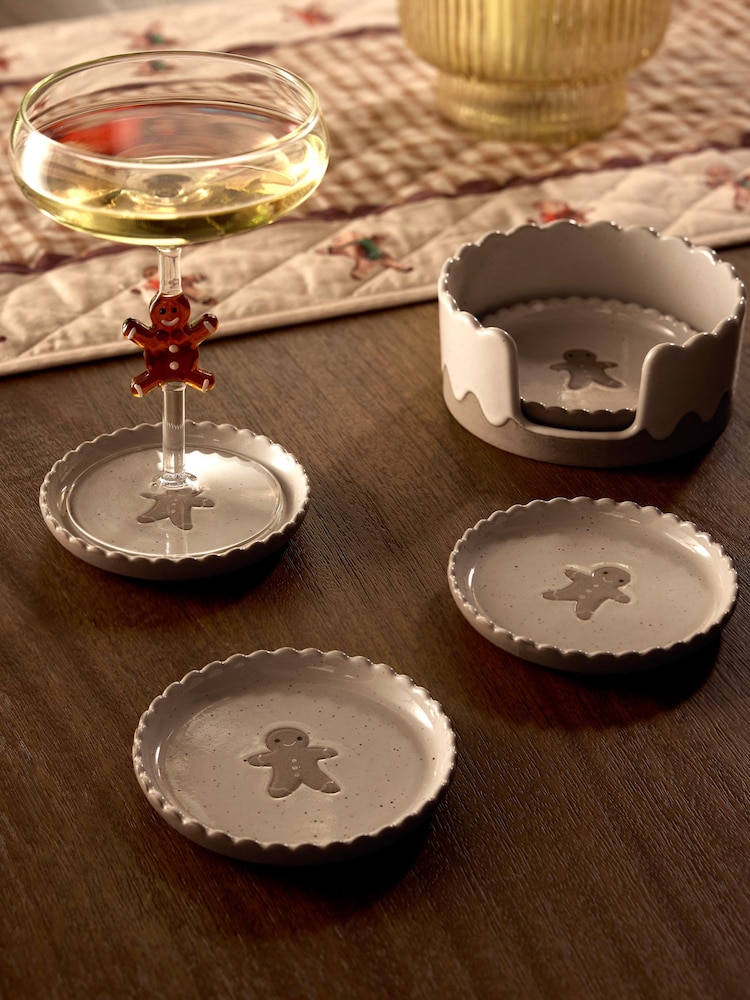 Set of 4 Natural Christmas Gingerbread Ceramic Coasters in Holder - Image 1 of 4 Set of 4 Natural Christmas Gingerbread Ceramic Coasters in Holder - Image 1 of 4