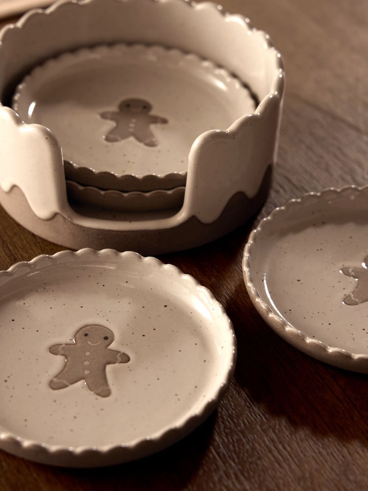 Set of 4 Natural Christmas Gingerbread Ceramic Coasters in Holder - Image 4 of 4 Set of 4 Natural Christmas Gingerbread Ceramic Coasters in Holder - Image 4 of 4