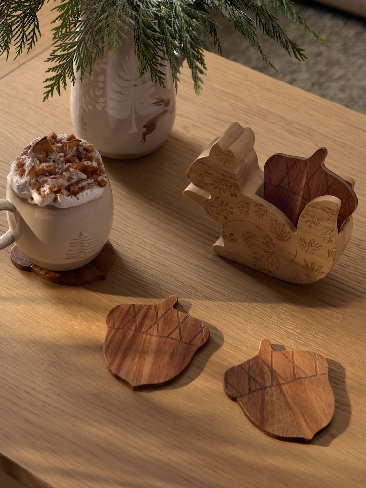 Set of 4 Natural Squirrel Wooden Coasters in Holder - Image 1 of 4