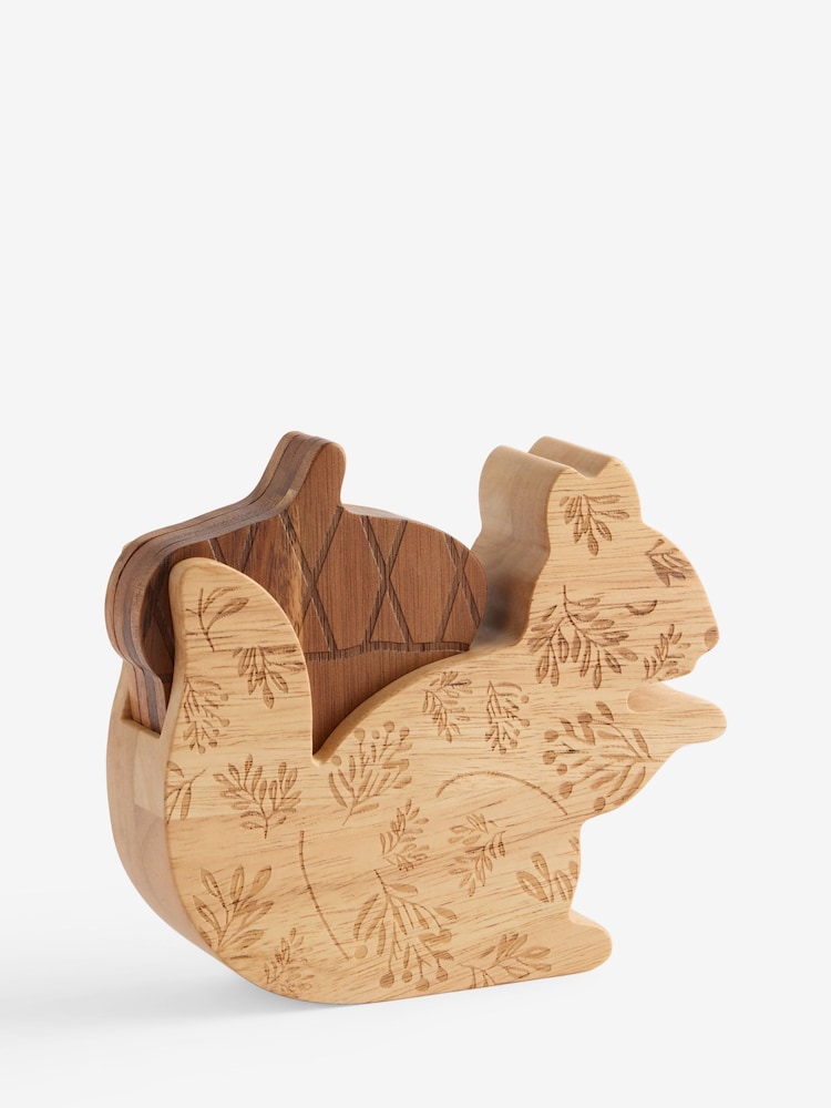 Set of 4 Natural Squirrel Wooden Coasters in Holder - Image 4 of 4