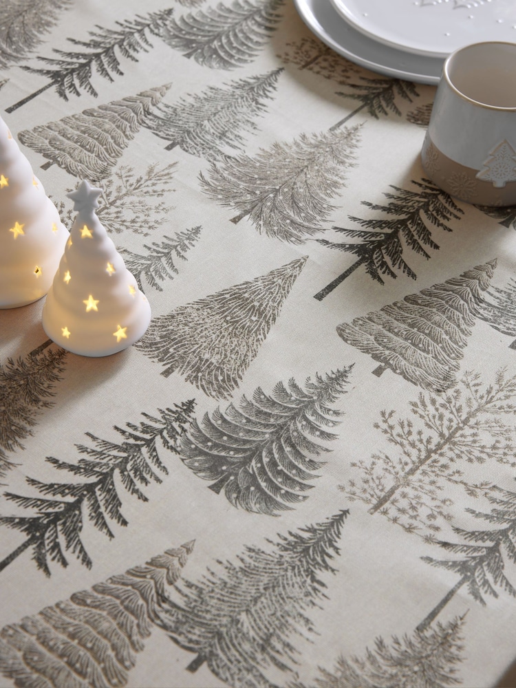 Grey Cosy Scandi Christmas Tree Wipe Clean Table Cloth - Image 1 of 3 Grey Cosy Scandi Christmas Tree Wipe Clean Table Cloth - Image 1 of 3