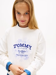 Tommy Hilfiger White Flock Logo Terry Crew Neck Sweatshirt - Image 4 of 5