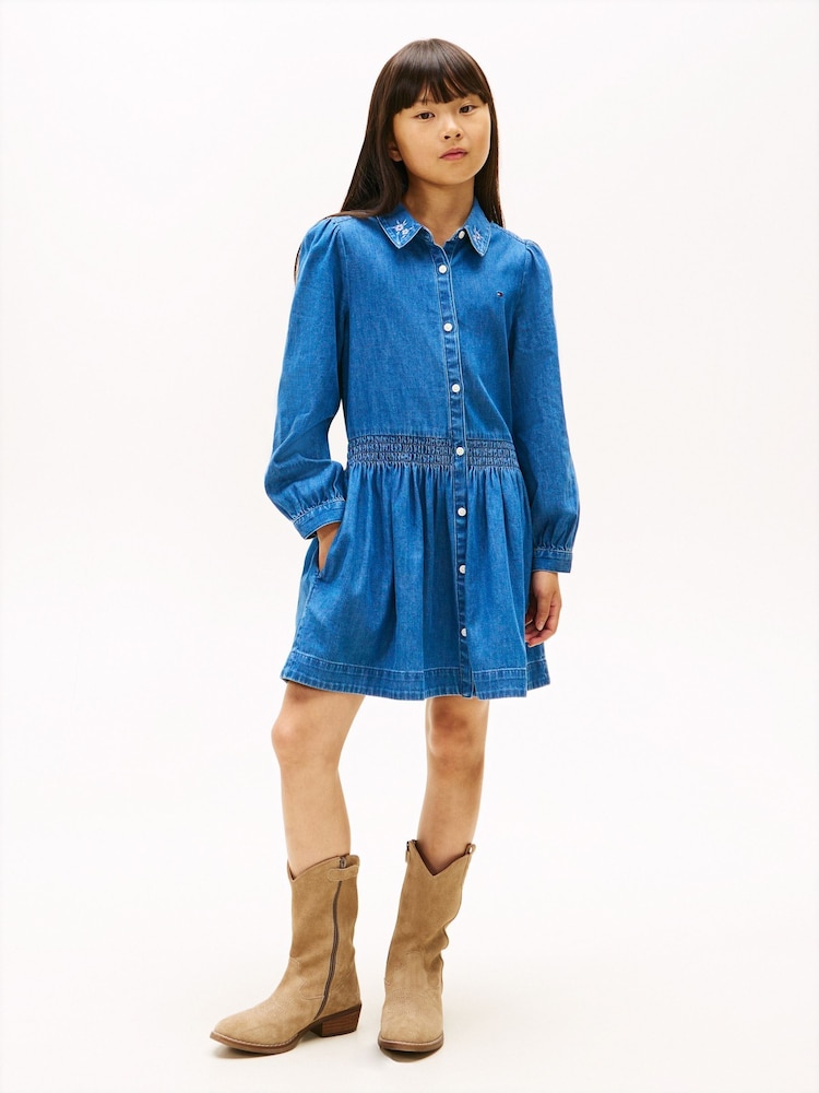 Tommy Hilfiger Blue Embroidery Flower Shirt Dress - Image 1 of 5