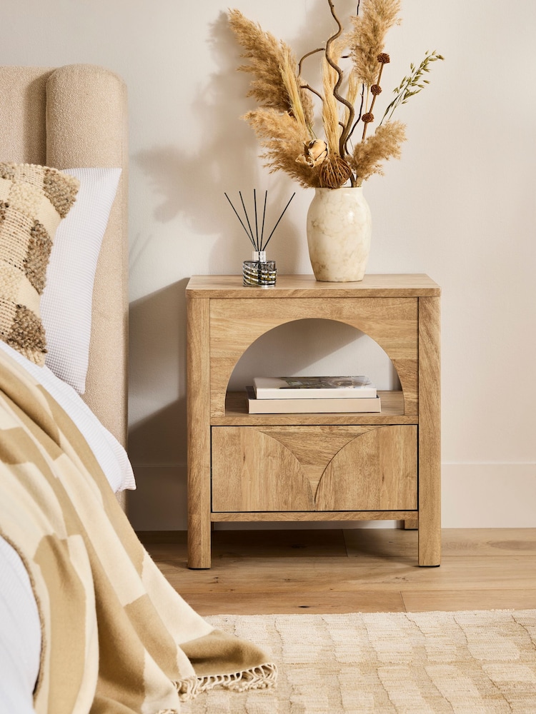 Natural Arches Mango Effect Wide 1 Drawer Bedside Table - Image 1 of 8 Natural Arches Mango Effect Wide 1 Drawer Bedside Table - Image 1 of 8