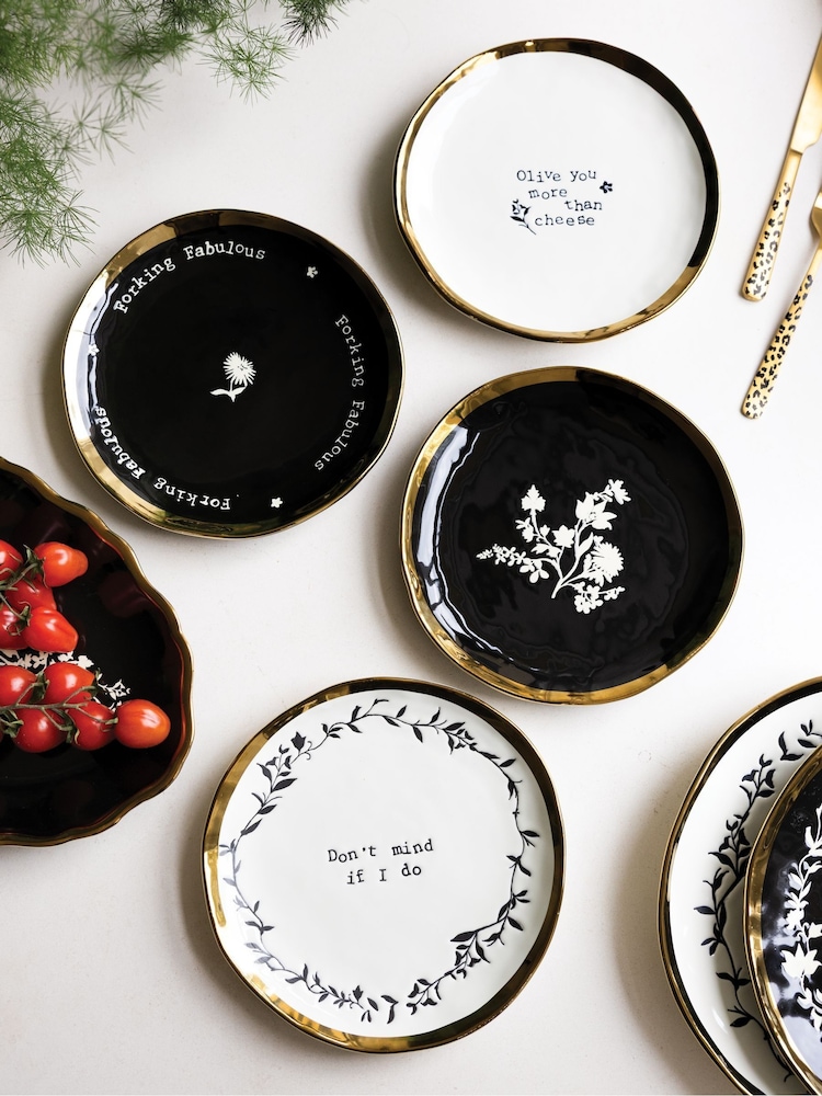 Rockett St George Set of 4 Black/Cream Food Lovers Side Plates - Image 1 of 6