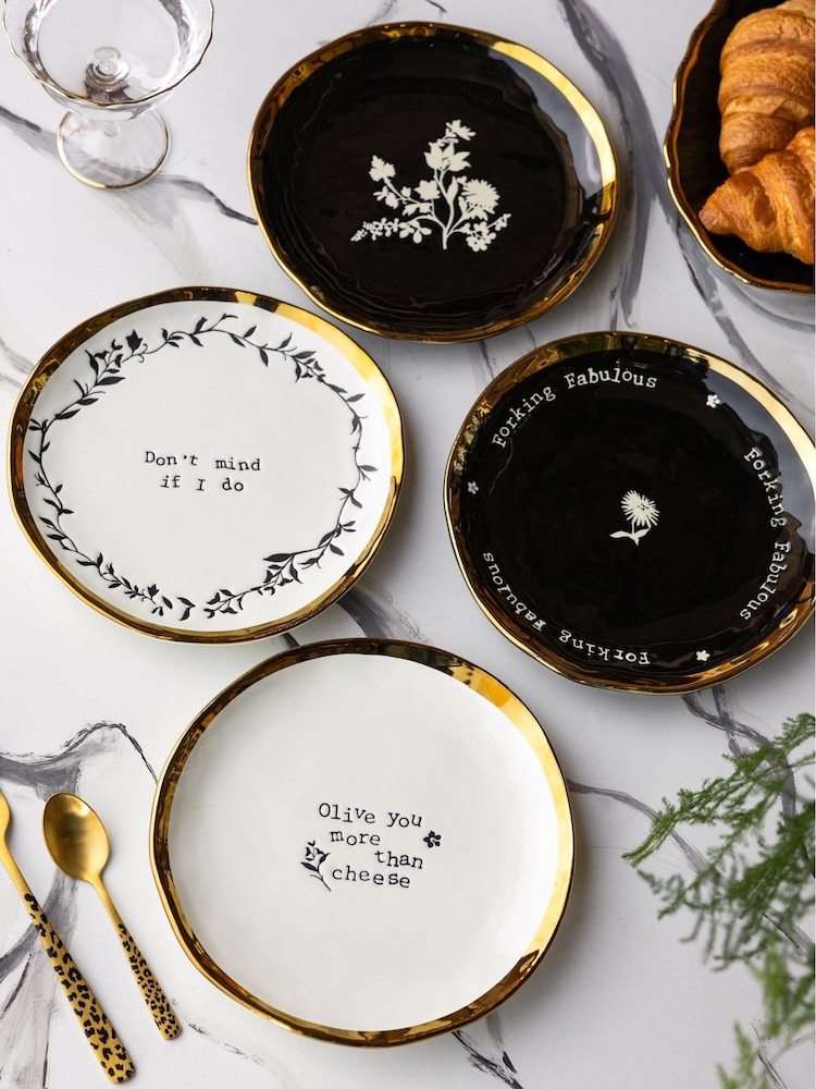 Rockett St George Set of 4 Black/Cream Food Lovers Side Plates - Image 2 of 6