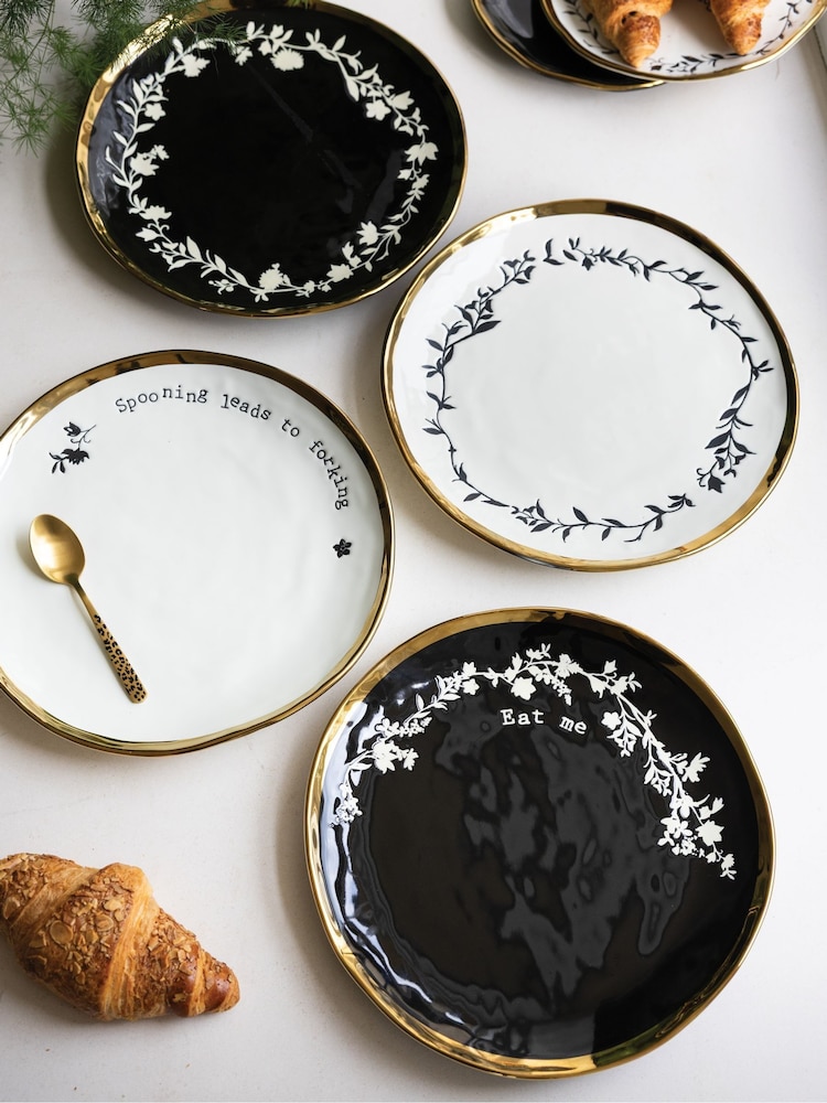Rockett St George Set of 4 Black/Cream Food Lovers Dinner Plates - Image 1 of 4 Rockett St George Set of 4 Black/Cream Food Lovers Dinner Plates - Image 1 of 4