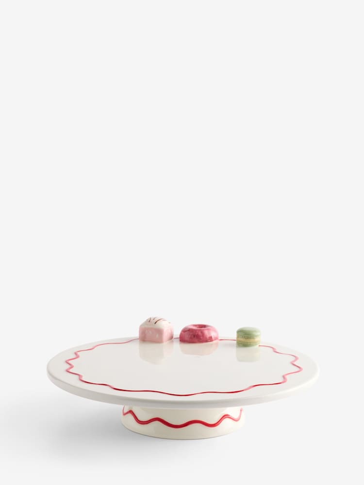 White Cake Stand with Red Wavy Stripe and 3D Sweets - Image 1 of 5 White Cake Stand with Red Wavy Stripe and 3D Sweets - Image 1 of 5