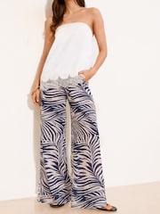 藍色熱帶風印花 - Lipsy Linen-Look Wide Leg Trousers - 圖片 1/4