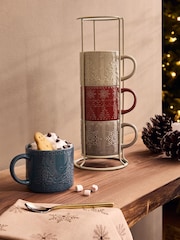 Multi Fairisle Christmas Tree and  Snowflake Mugs with Wire Stand - Image 1 of 4