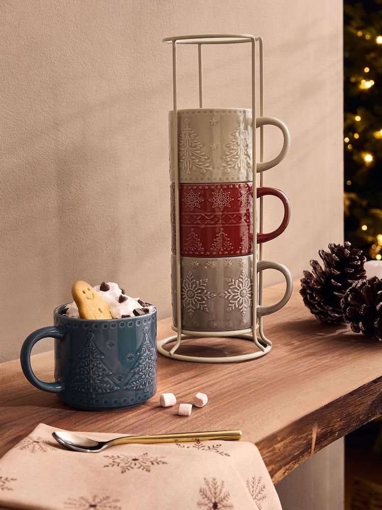 Multi Fairisle Christmas Tree and  Snowflake Mugs with Wire Stand - Image 1 of 4
