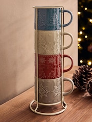 Multi Fairisle Christmas Tree and  Snowflake Mugs with Wire Stand - Image 2 of 4