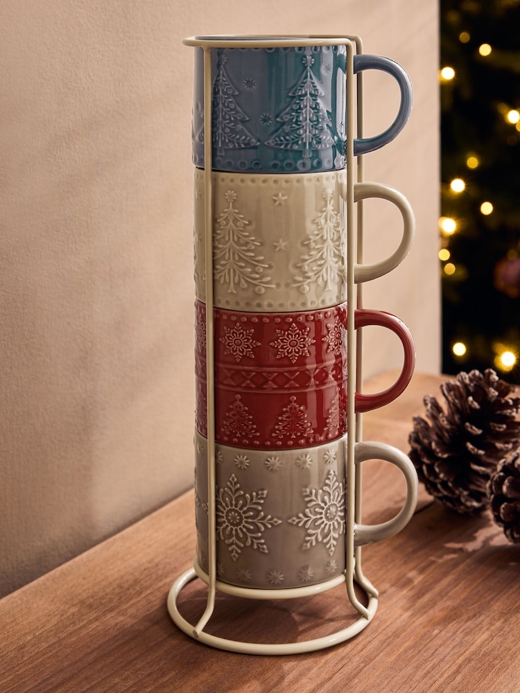 Multi Fairisle Christmas Tree and  Snowflake Mugs with Wire Stand - Image 2 of 4