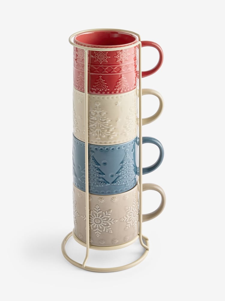 Multi Fairisle Christmas Tree and  Snowflake Mugs with Wire Stand - Image 4 of 4