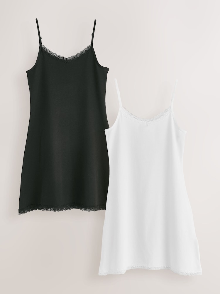 Black/White Short Cotton Slip with Lace Trim - Image 1 of 5