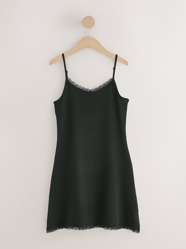 Black/White Short Cotton Slip with Lace Trim - Image 2 of 5