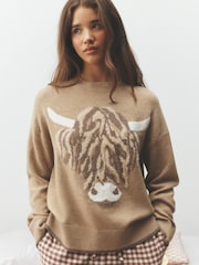 Neutraali Hamish the Highland Cow - Knitted Jumper and Flannel Trousers Loungewear Set - Kuva 3 / 5