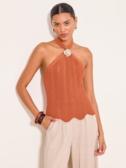 Lipsy Orange Shell Detail Knitted Halter Top - Image 1 of 5