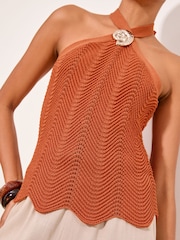 Lipsy Orange Shell Detail Knitted Halter Top - Image 2 of 5