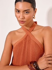 Lipsy Orange Shell Detail Knitted Halter Top - Image 4 of 5
