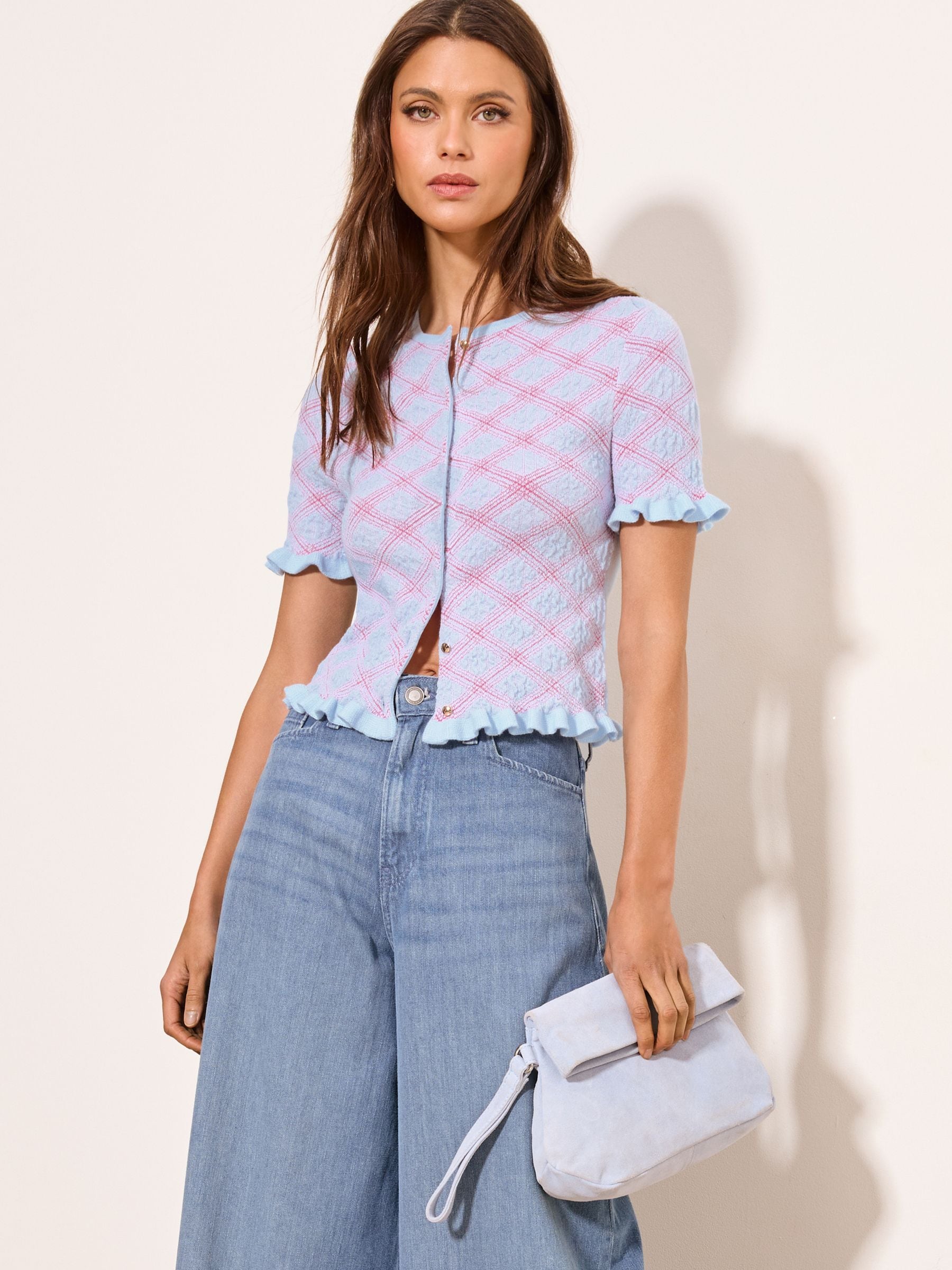 Buy Lipsy Blue/Pink Check Frill Buttoned Knit Short Sleeve